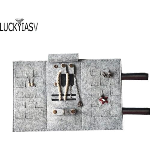Jewelry Roll Bag Portable Case Gray Felt Velvet Organizer Multi Functional Pendant Rings Earrings Storage Box