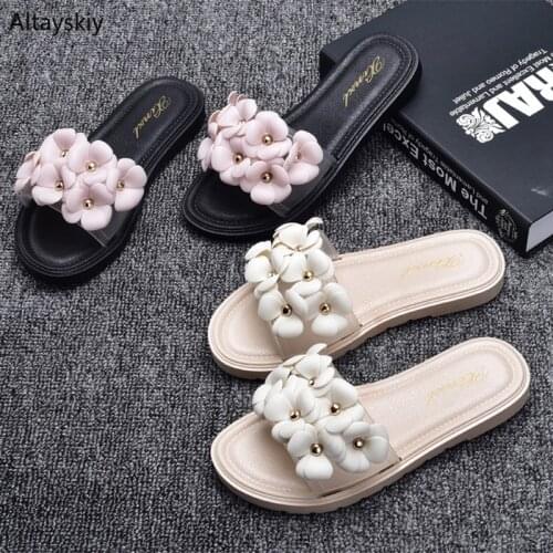 Summer Slippers Women Sweet Flower Flat Elegant Casual Trendy Slipper Womens Simple Korean Style Non-slip Slides Outdoor Shoes