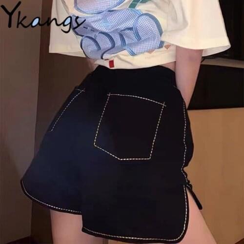 Side Striped Embroidery High Waist Wide Leg Baggy Shorts Women Pocket Black Biker Korean Style Clothes Home Shorts Loose Casual