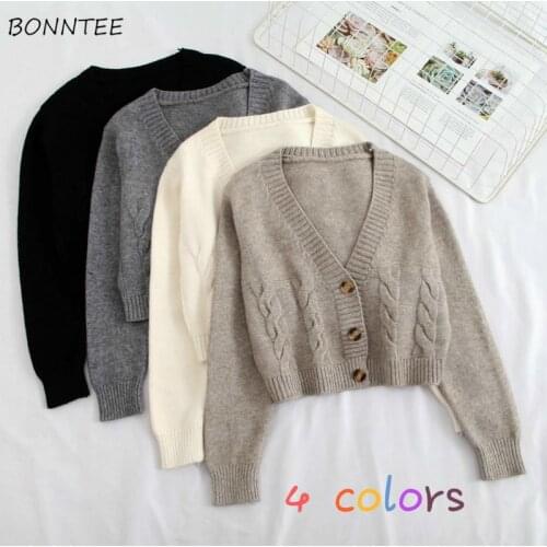 Sweaters Womens Solid Long Sleeve V-Neck Short Knitting Casual Korean Style Simple Autumn Female Cardigan All-match Loose Chic