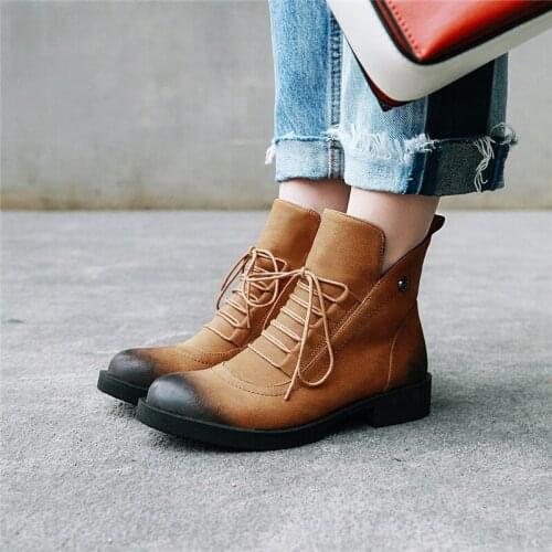 YMECHIC 2018 lady Retro Cross Tied Ankle Military Combat Boots for Women Green Black Chunky Heel Winter Shoes Plus Size 34-45