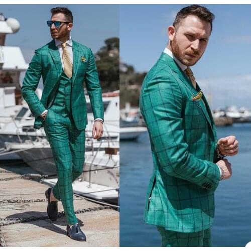 Green Plaid Groom Mens Tuxedos Slim Fit Peaked Lapel Business Wedding Blazer Suits Formal Prom Party Wear(Jacket+Vest+Pants)