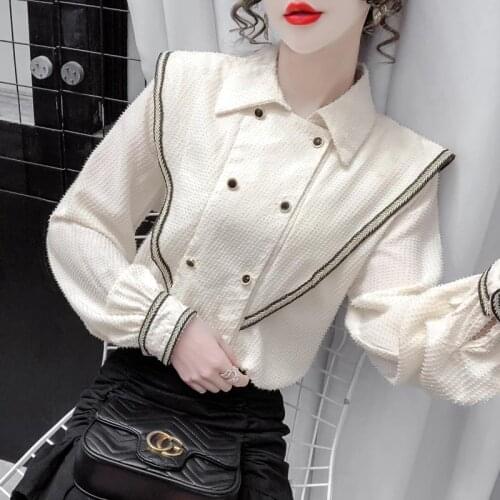 Women Blouse 2021 Sleeve Elegant Shirt Blouse White Black Sexy Button Vintage Turn Down Collar Office Ladies Shirt Female Casual