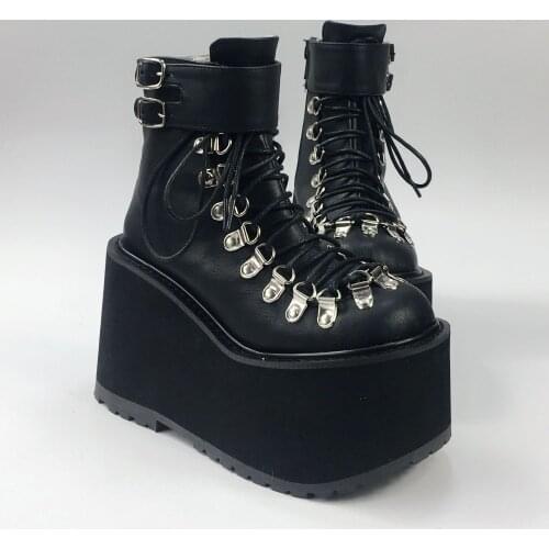 Women Black High Platform Gothic Punk Lace-Up Lolita High Shaft Boots Buckle Strap PU Leather Lolita Short Boots