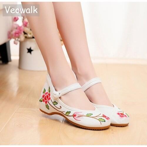 Veowalk Flower Embroidered Women Canvas Ballet Flats Ladies Comfortable Walking Working Ballerinas Shoes Black Red White