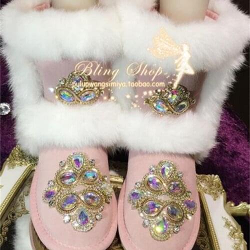 Handmade original sweet rhinestone diamonds real rabbit fur pink leather flat bottom tube womens shoes womens snow boots