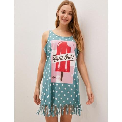 U-Neck Straps Text Printed Tassel Detailed Cotton Womens Beach Dress Homewear Style