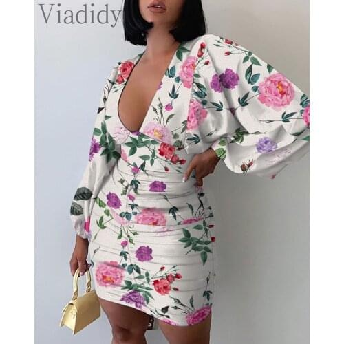 Women Summer Floral Print Lantern Sleeve Ruched Bodycon Dres