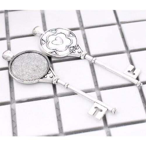 2pcs 25mm Inner Size Antique Silver Plated Key Style Cabochon Base Cameo Setting Charms Pendant-A5-03