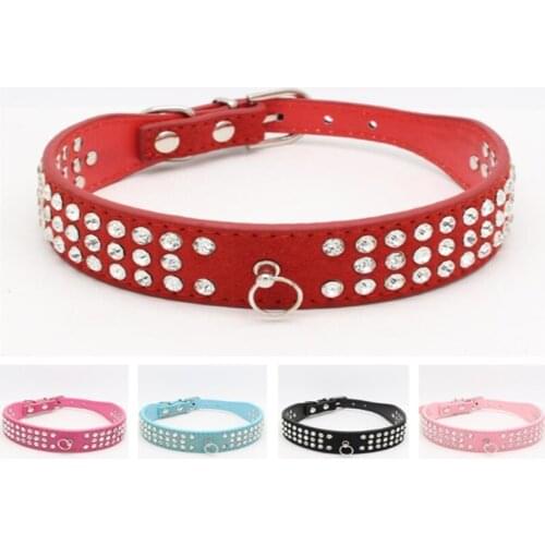 50pcs/lot Fast shipping 3 Rows Rhinestones PU Leather Dog Collars Crystal Diamante Dogs Cat Puppy Collar 5 colors