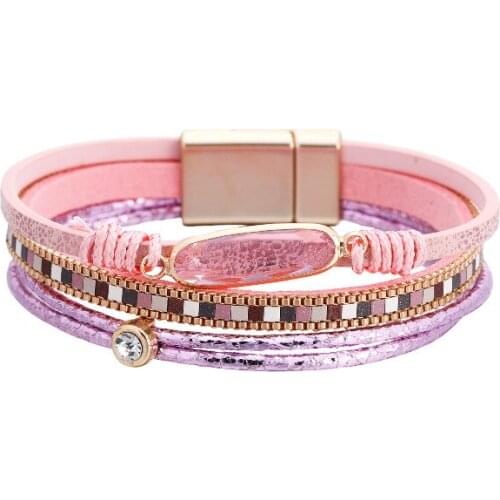 ORNAPEADIA Bohemian Personality Fashion Bracelet for Women Inlaid Crystal Multi-layer Magnetic Buckle Leather Bracelet for Women