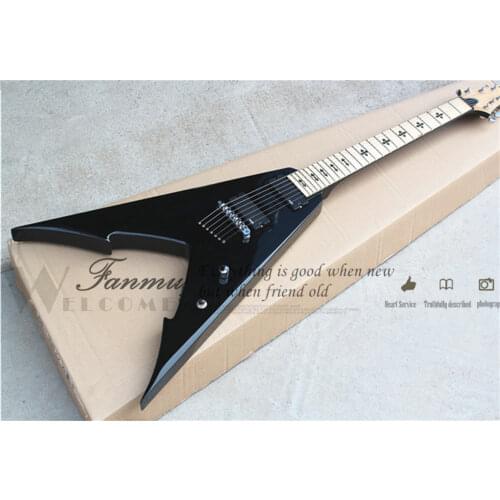Custom 7 string guitar,irregular V shape black body ,black inlay,strings through body, HHpickups,CHROME hardware
