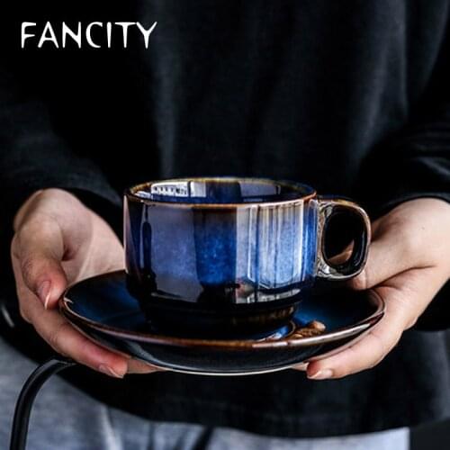 FANCITY European ceramic coffee cup and saucer set creative breakfast cup afternoon tea Japanese simple retro blue utensils