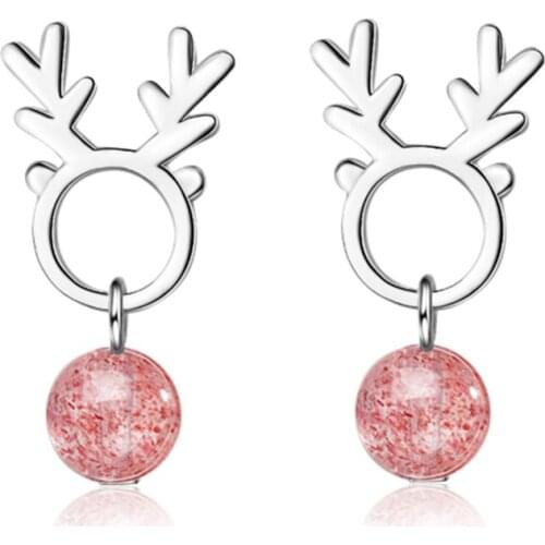 Small fresh personality cute sweet pink strawberry crystal elk antler short paragraph silver plated stud earrings WE078