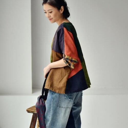 MICOCO C8212C Literature and art Retro nostalgia Contrast color hand stitched loose round collar hemp shirt