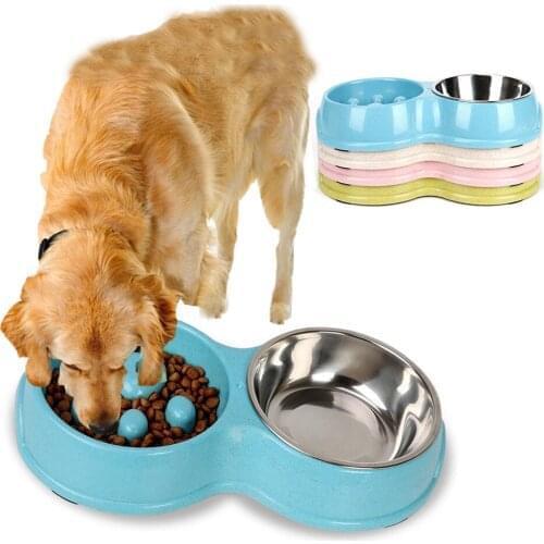 Pet Slow Down Feeding Bowl Wheat Straw Pet Stainless Steel Cat Feeder Non-slip Anti Choke Double Feeder Puppy Eating Dishes