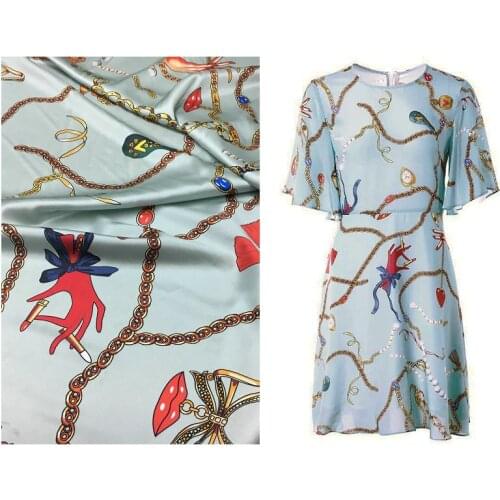New gray blue bottom European and American chain printing heavy elastic silk satin fabric brand silkworm silk clothing cloth
