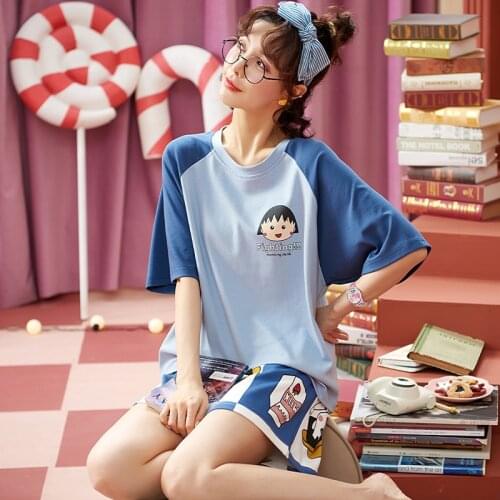 Japan Anime Chibi Maruko-chan Cute Cartoon Women Pajamas Sets Fashion Blue Patchwork Cotton Short Sleeve Shorts Summer Sleepwear
