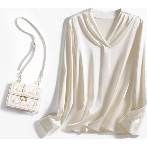 Silk Top Women SpringAll-match Long-sleeved V-neck White Blue Casual Lady Fashion Pure Silk T-shirt Women clothing