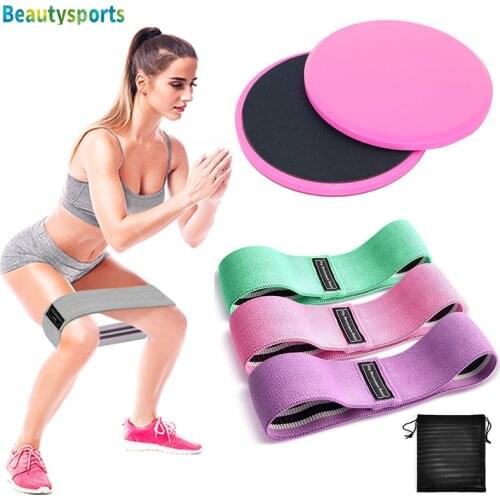 Hip Resistance Loop Bands Core Sliders Gliding Discs Set Yoga Pilates Fitness Trianing Equipment