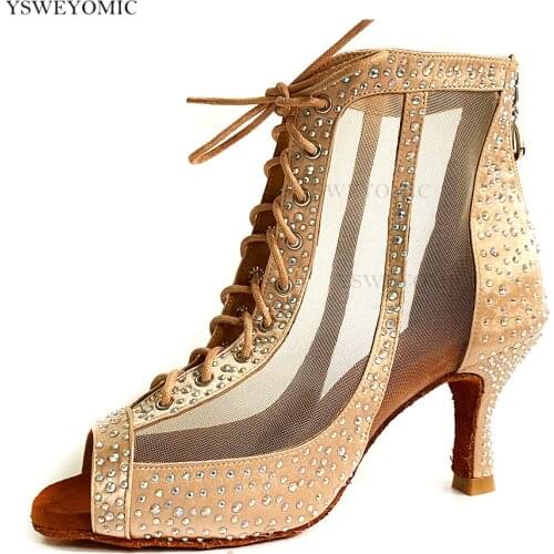 Flesh Khaki Color Satin Dance Booties Women Dance Shoes With Rhinestones 6cm 10cm Customized Bachata Salsa Latin Dance Boot