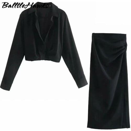 Skirts Suit Womens 2021 Two Piece Set Linen Blend Cropped Women Shirt Draped Skirt Autumn Fashion Casual Dress Sets