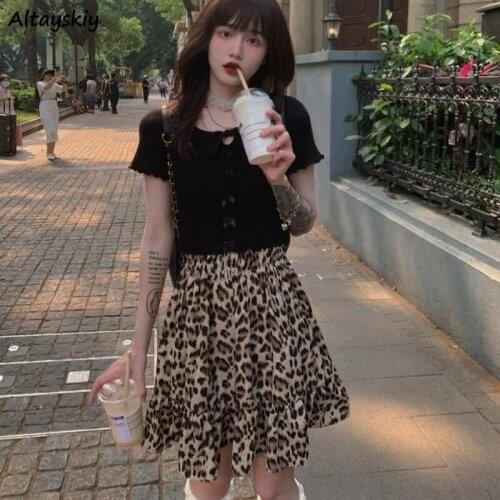 Sets Women Gothic Fashion Bow Heart Hollow Out Bodycon Crop Tops Summer Korean Style Leopard High Waist A-line Skirts Ruffles