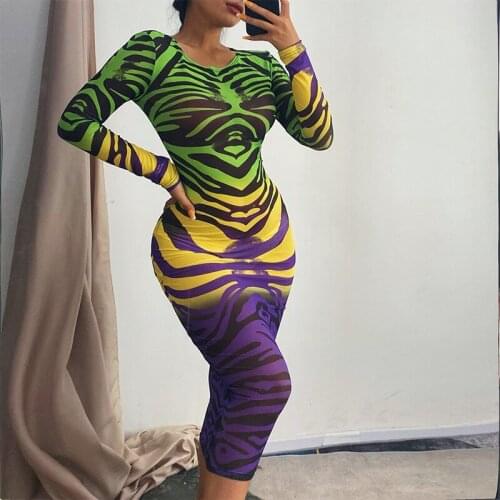 Sexy Colorful Zebra Striped Bodycon Dress Women Summer 2021 Beach Vacation Outfits See Through Mesh Maxi Dresses