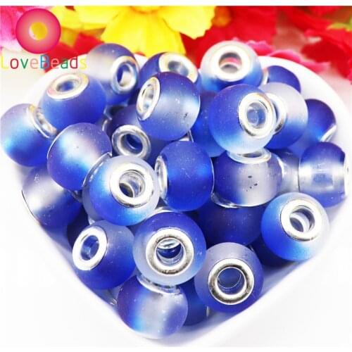 10Pcs Blue Color Red Glass Murano Matte Surface Big Hole European Spacer Beads Silver Plated Fit Pandora Bracelet Chain Jewelry