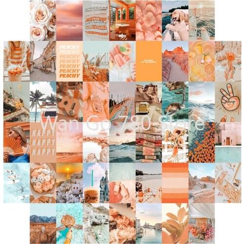 50Pcs Peach Beach Aesthetic Picture for Wall Collage Kits Boho Style Print Teal Color Living Room Photography Props Decoration