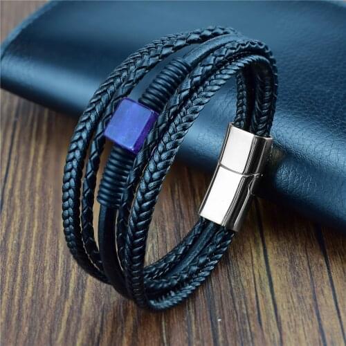 Natural Amethysts Knit Bracelet Men and Women Gift Black Leather Bracelets for Men Jewelry Stainless Steel Magnetic Clasp