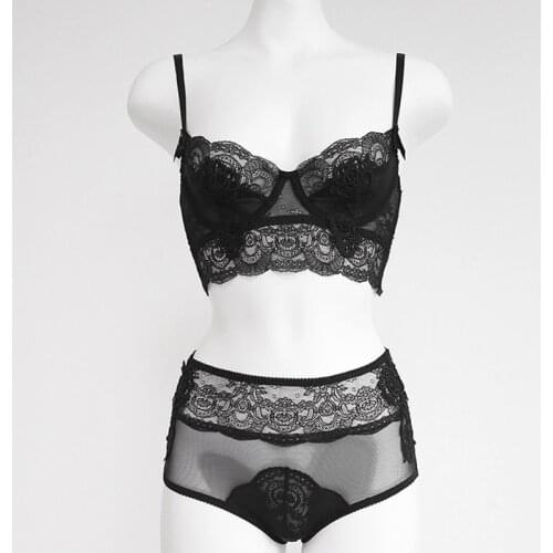 Floral Embroidery Lace Bra And High Waist Panties Set Sexy Lingerie Plus Size C D Ultra Thin No Sponge Underwear Women Brassiere