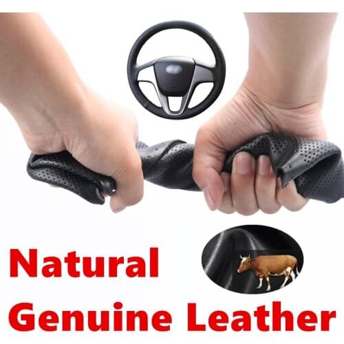Black Genuine Calfskin Leather Car Steering Wheel Cover for Hyundai Solaris (RU) 2010-2016 Verna 2010-2016 i20 2009-2015 Accent