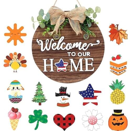 Wooden Interchangeable Seasonal Welcome Porch Front Door Sign with 14 Ornaments for Independence Day Xmas Halloween Home Decor