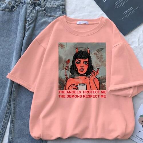 The Angels Protect Me The Demons Respect Me Women Short Sleeve Tshirts Crewneck Casual Women T Shirt Hip Hop Korean Tee Shirts