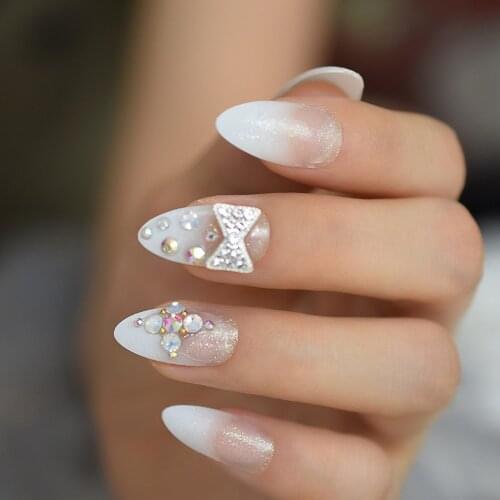 Gradient Jelly White French Stiletto Fake Nails Glitter 3D Butterfly False Press on Finger Nails Daily Wear Faux Ongles