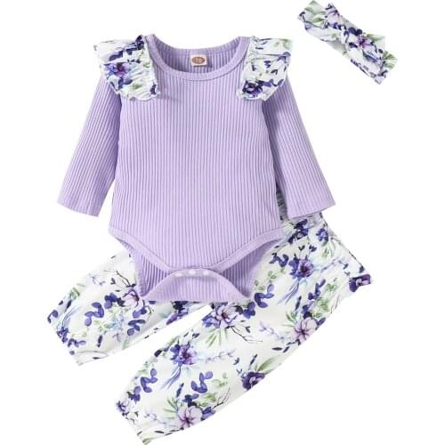 Newborn Baby Girl Clothes 3Pcs Floral Print Cotton Long Sleeve Romper Tops Long Pants Bow Headband Chirldren' Clothing For 0-12M