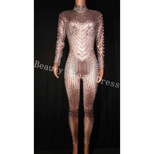 Rhinestones Pearl Sparkly Jumpsuit Fashion Sexy Nude Big Stretch Dance Costume One-piece Bodysuit Birthday Outfit Sexy Jumpsut