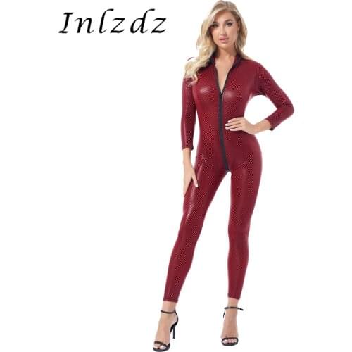 Womens Patent Leather Catsuit Skinny Jumpsuit Female Clubwear Stage Show Costume High Neck Long Sleeve Long Sleeve Playsuits