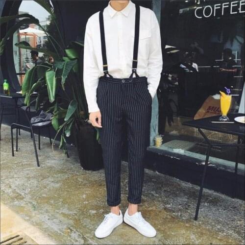 Hot Men New Casual Spaghetti Strap Trousers Brief All-match Plaid Slim One Piece Bib Pants Hairstylist Tide Trousers Overalls