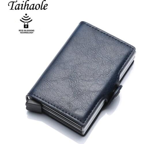 Fashion Metal Credit Card Holder RFID Blocking Aluminium Box Business ID Card holder Hasp PU Leather Mini Card Wallet