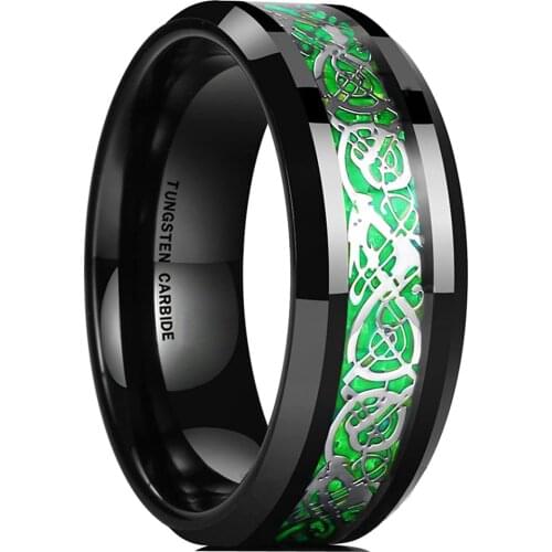 8mm Mens Black Dragon Stainless Steel Ring Silvery Celtic Knot Inlay Green Black Carbon Fiber Ring Men Wedding Band Size 6-13