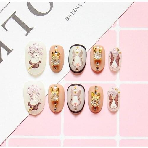 British style vintage matte pure color UV gel false nails 24pcs with glue Cute rabbit pattern 3D fake nails gel full nail tips