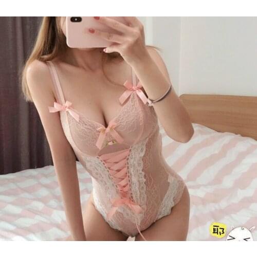 Lolita Kwaii Sexy Lingerie Pajamas Transparent Maid Cosplay Uniforms Seductive Lace Print Sheer Bodysuit Lingerie Teddy Catsuit