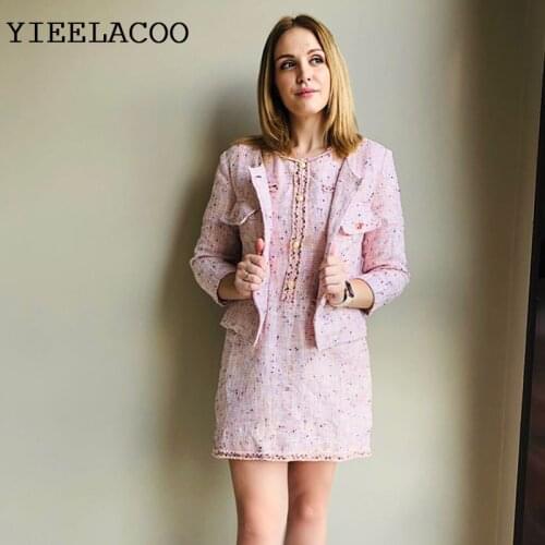 Pink Tweed Jacket +Dress suit Elegant holiday spring / autumn /winter womens jacket coat classic Business ladies 2 piece sets