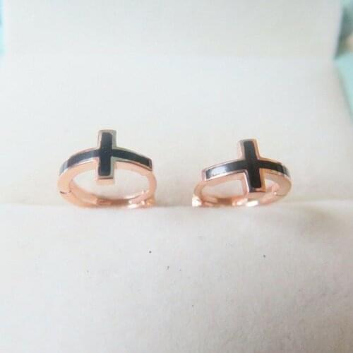 Pure 18K Rose Gold Hoop Earrings Black Cross Hoop Earrings For Women