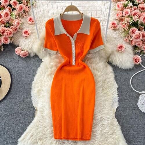 Knitting Polo Collar Dresses Casual Fashion Korean Women Ribbed Elegant Vestidos Patchwork Maxi Clothing Midi Pullover Robe