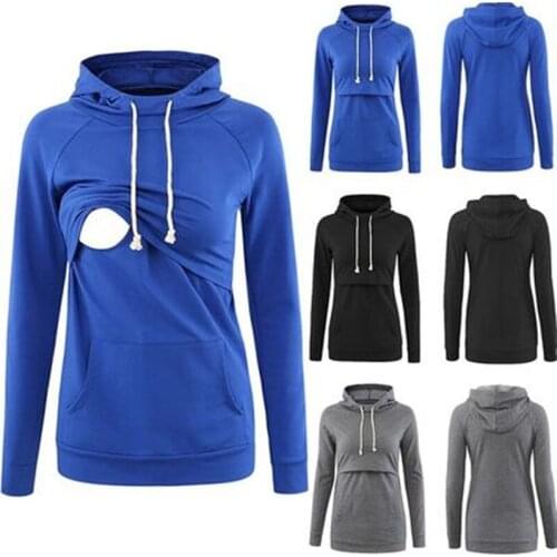 Explosion pregnant fashion solid color sweater hooded hit color stitching breastfeeding pregnant loose shirt sweater