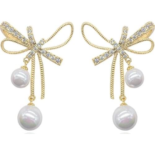 Statement Bowknowt Earrings for Women Cubic Zirconia Temperament Pearls Dangle Jewelry Luxury Wedding Earings серьги 2021 тре
