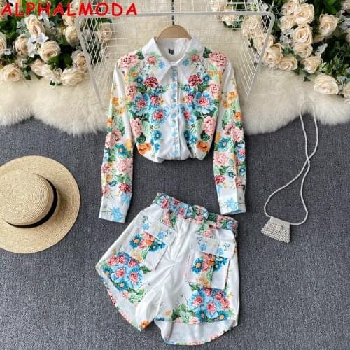 ALPHALMODA 2021 Spring New Printed Floral Shirt + Pocket Shorts 2pcs Suit Women Single Breasted Retro Blouse Belted Shorts Set